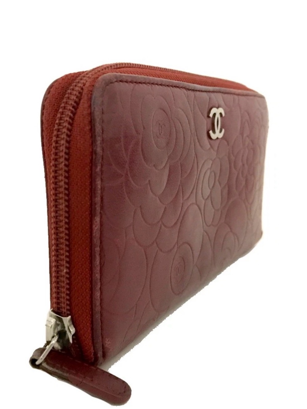 CHANEL Burgundy Camellia Embossed Leather Zip Wallet with CC Logo - Picture 5 of 6